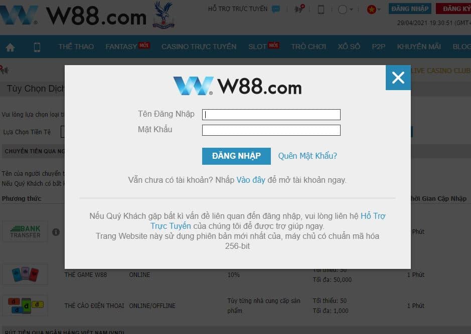 Truy cập và đăng nhập tài khoản W88 Thailand