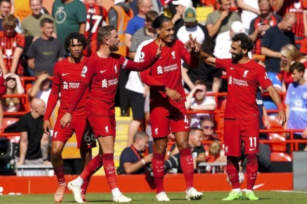 Các cầu thủ Liverpool ăn mừng bàn thắng vào lưới Bournemouth ở Tuần 7 Premier League 2022/2023, Thứ Bảy ngày 27 tháng 8 năm 2022 (c) Ảnh AP